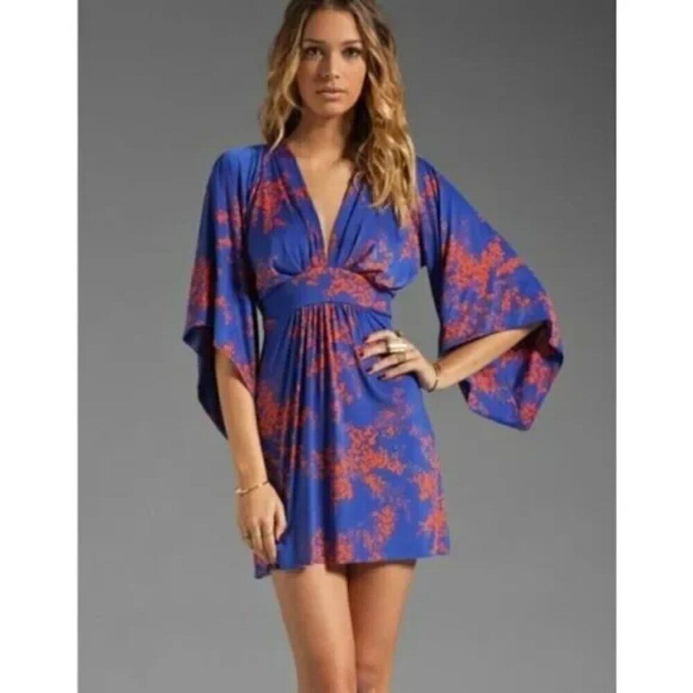 T Bags XS Blue Floral Kimono Mini Stretchy Dress Coquette Waist Tie V Neck Boho